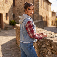 Veste en jean à capuche Beau Blue à carreaux