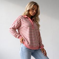 Pink striped high button and v * collar