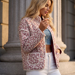 Veste rose à imprimé floral vintage et col montant