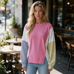 Long sleeve top in striped patchwork with pink sodium stitching
