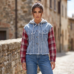 Veste en jean à capuche Beau Blue à carreaux