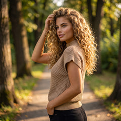 Pull beige texturé à col roulé et manches courtes