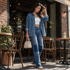 Veste longue en jean bleu à pois et boutons métalliques