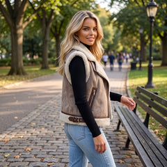 Gilet sans manches beige en suédine imitation, doublé sherpa