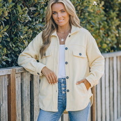 Beige button-down shirt jacket with turn-down collar