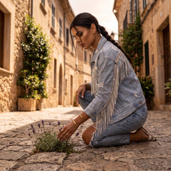 Jacket de efectos articulares con flecos decorados con lentejuelas del cielo azul