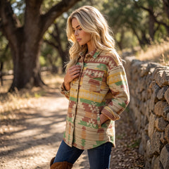 Veste-chemise jaune à imprimé aztèque western et poches à rabat