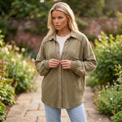 Moss Green Waffle Knit Button-Up Oversized Jacket