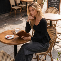 Black Ribbed Knit Long Sleeve Scoop Neck Peplum Patchwork Top