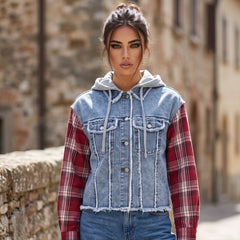 Veste en jean à capuche Beau Blue à carreaux