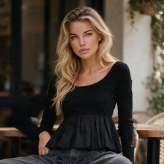 Black Ribbed Knit Long Sleeve Scoop Neck Peplum Patchwork Top