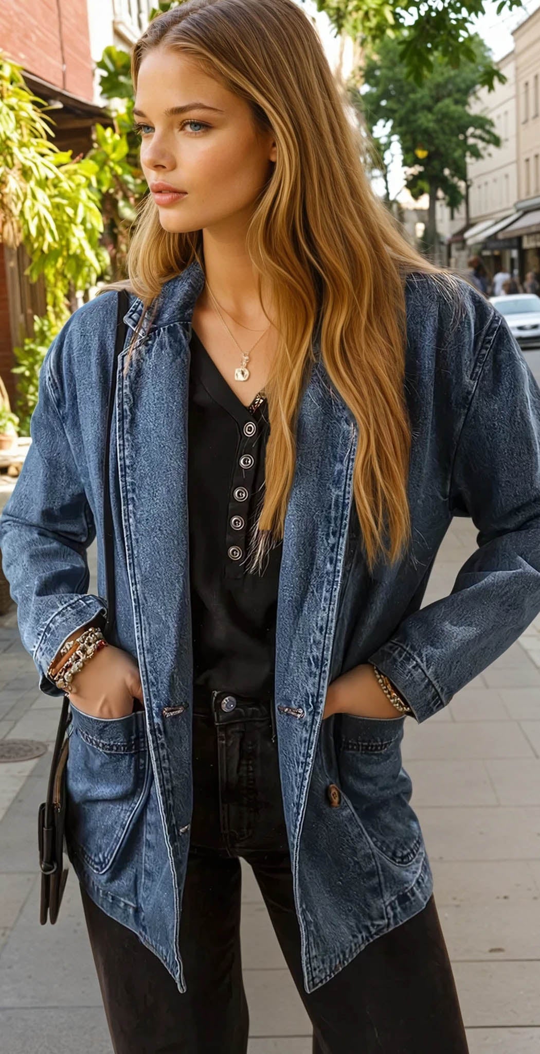 Veste en jean bleu voile avec poches latérales *