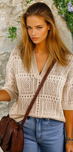 Short -sleeved knitting top hollowed out with apricot folded collar