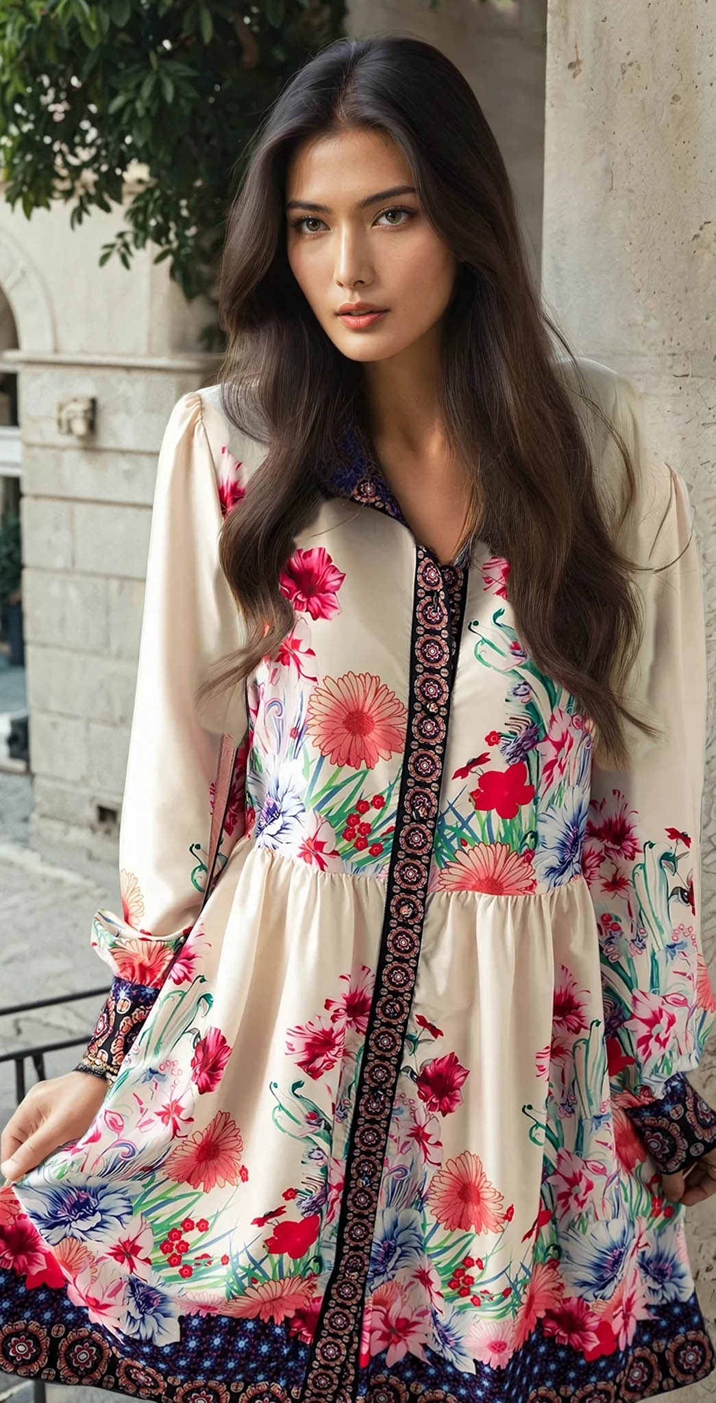 Mini-robe chemise taille haute boutonnée *