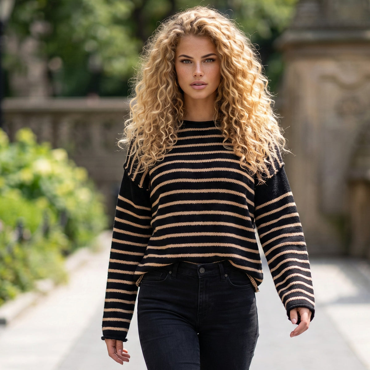Pull ample noir à rayures, col rond et épaules tombantes