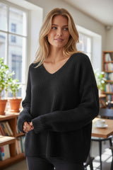 Pull à col V doux et chaud Noir