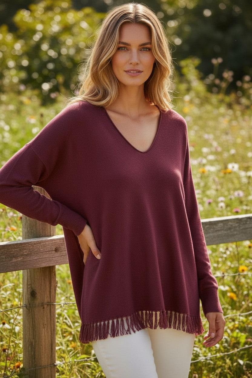 Pull oversize à encolure en V bordeaux