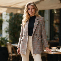 Blazer marron pied-de-poule à double boutonnage