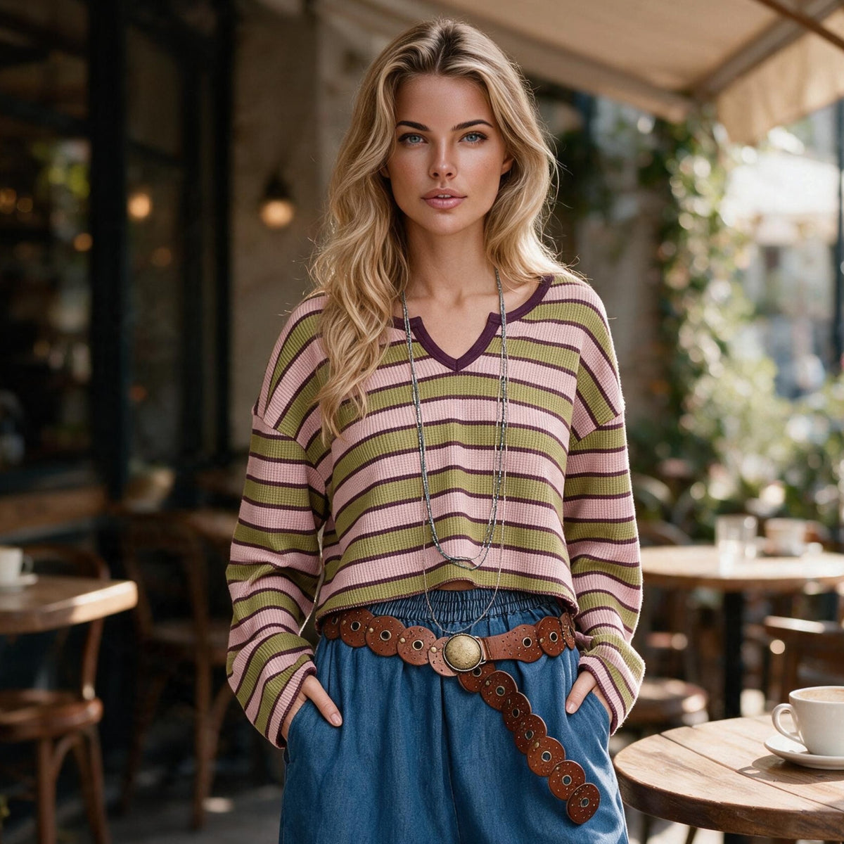 Long sleeve top with notched collar in spinach green contrast stripes and waffle texture
