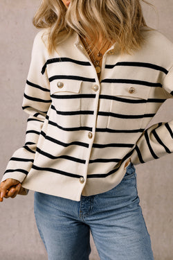 Black striped button cardigan with flap pocket