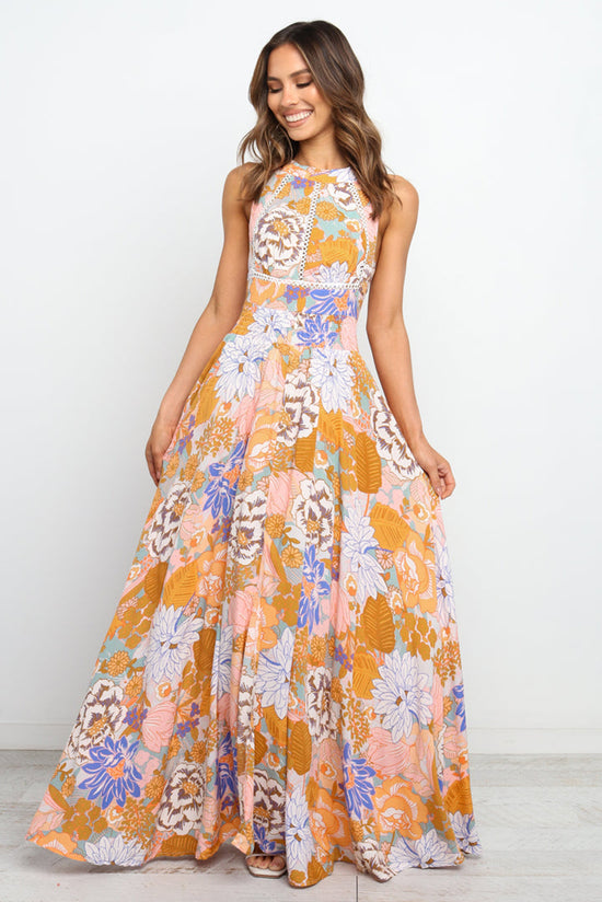 Long floral bohemian dress bare back with orange sleeveless laces