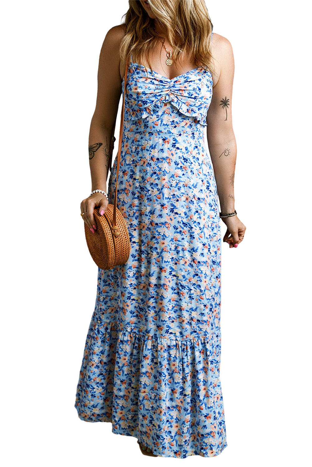 Vestido maxi con ruido rompido con estampado floral azul cielo