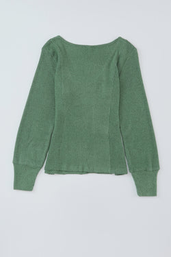 Green textured long sleeve u-neck top