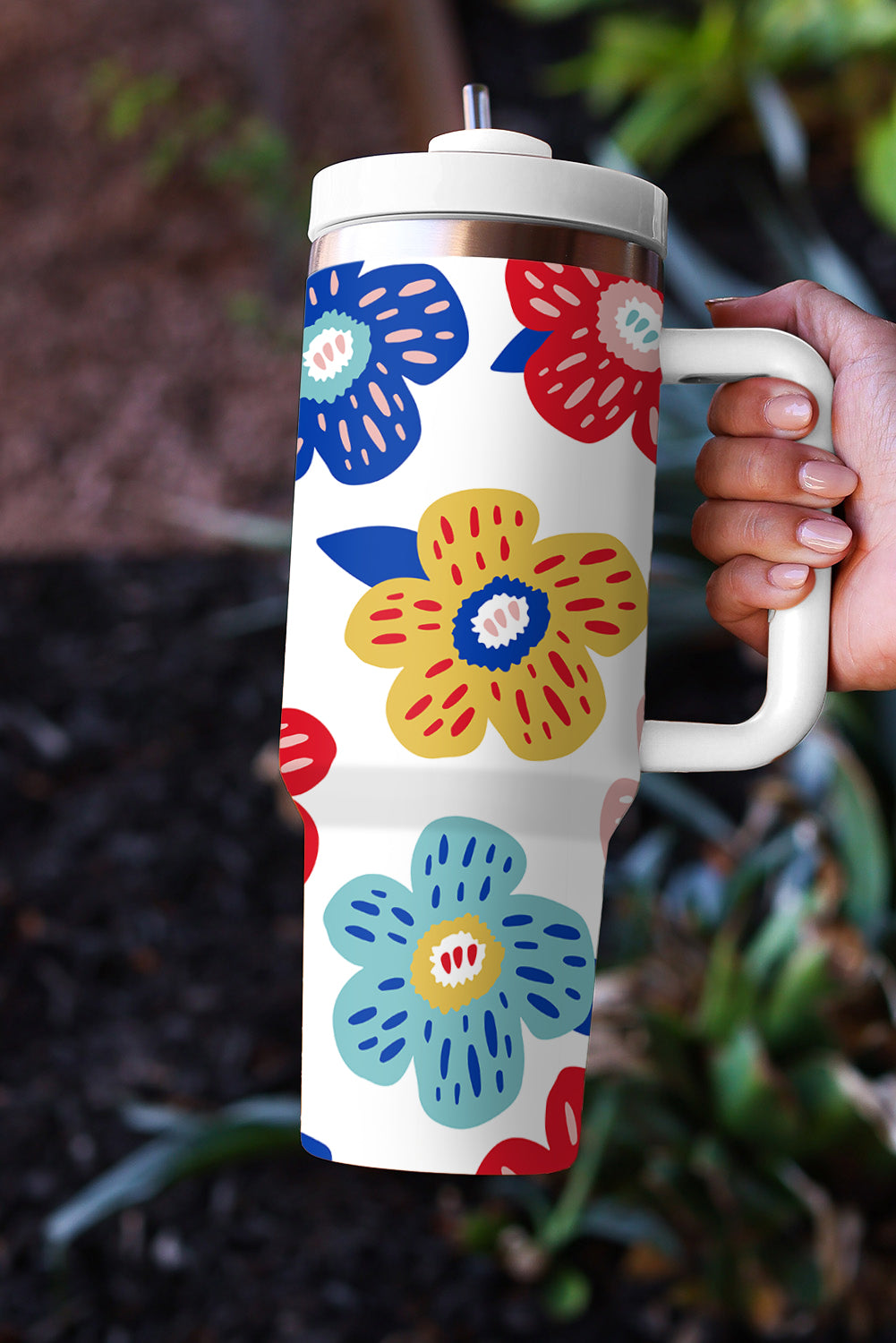 Tasse à vide en acier inoxydable à motif de fleurs blanches avec poignée 40oz