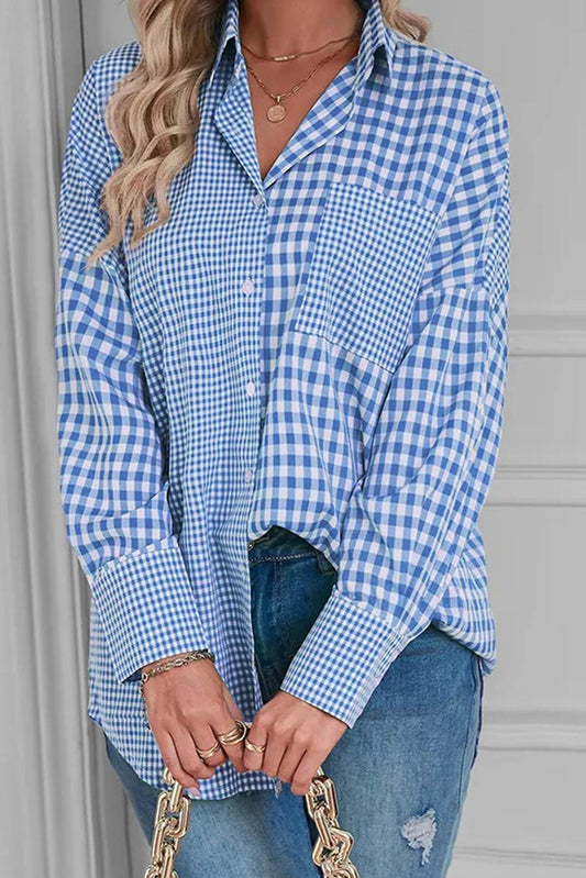 Sky Blue Streifen Plaid Patchwork -Knopf auf Langarm Shirt