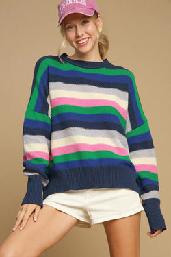 Bright green rainbow striped crew neck drop shoulder sweater