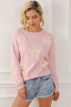 Pink chenille crew neck sweater with daisy stitching