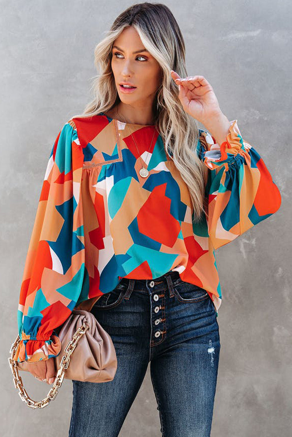 Multicolor abstrakte Muster Crewneck gekräuselte Puffhülle Bluse