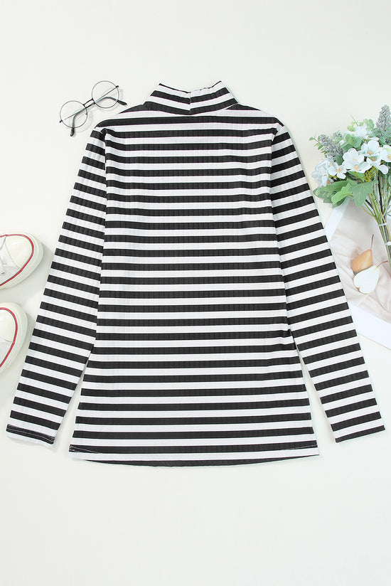 Black Striped Textured Knit Long Sleeve T-Shirt