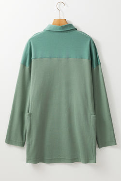 Smoke Green Waffle Half-Button Collar Long Sleeve Loose Top