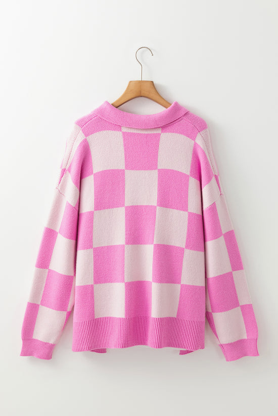 Pull rose à épaules tombantes et col demi-bouton en damier