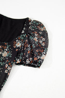 Body noir à imprimé floral, col en U, manches courtes bouffantes