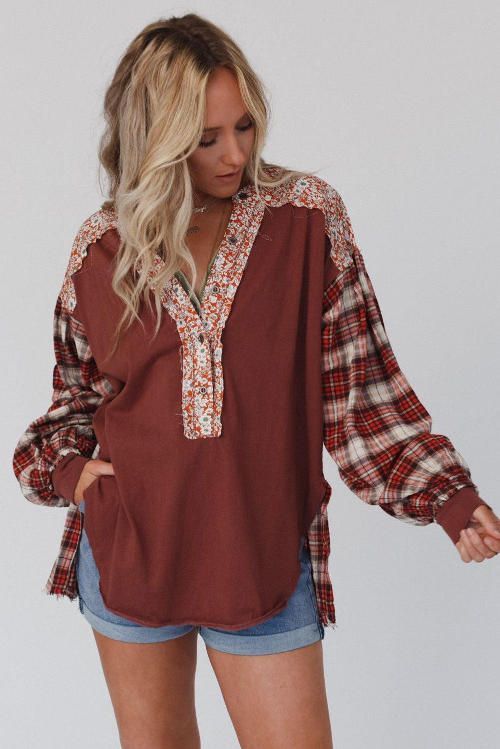 Fiery Red Floral Plaid Mixed Print Bishop Sleeve Patchwork Top