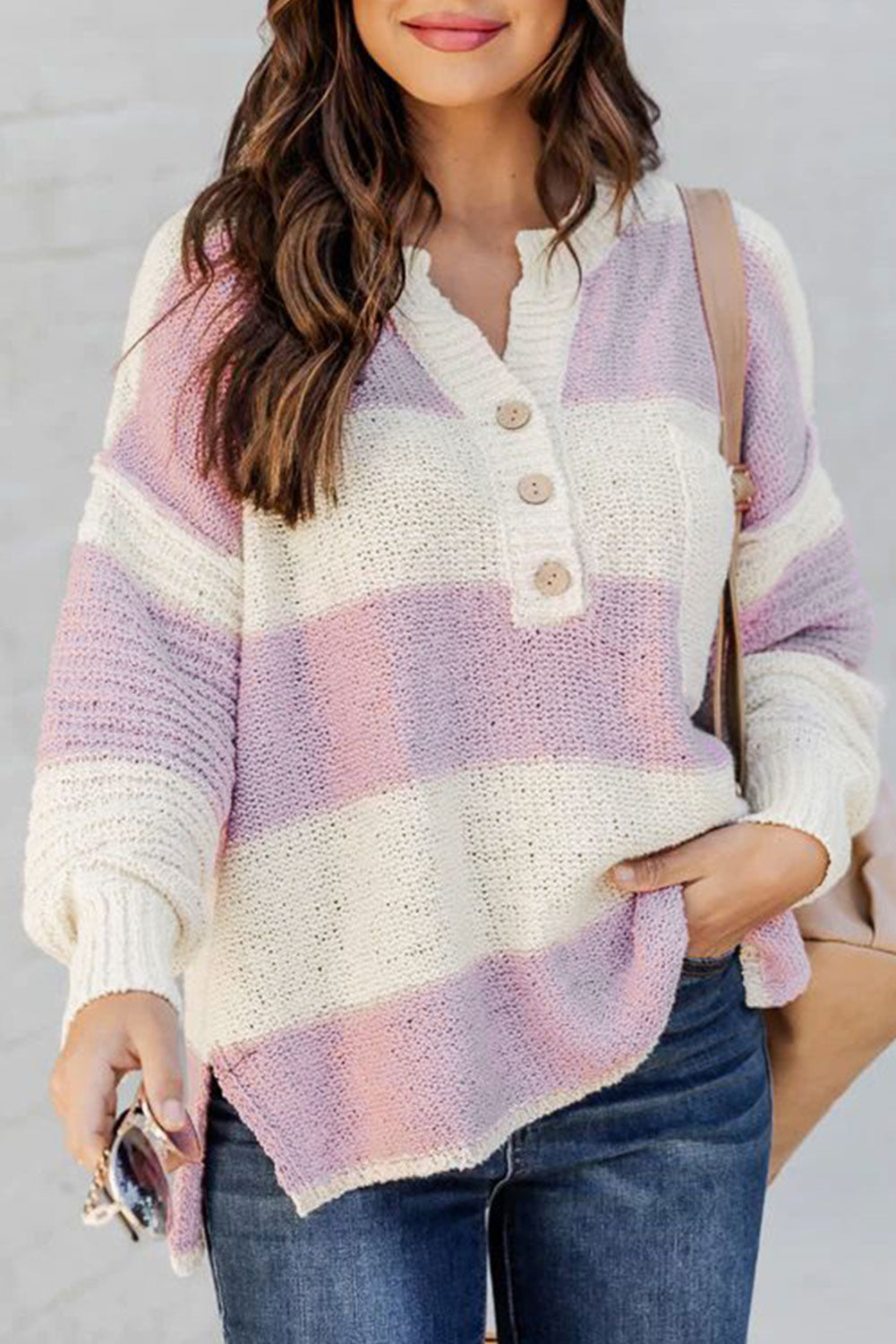 Pink Striped Strick Knopf Rippen geteiltes Nackenpullover