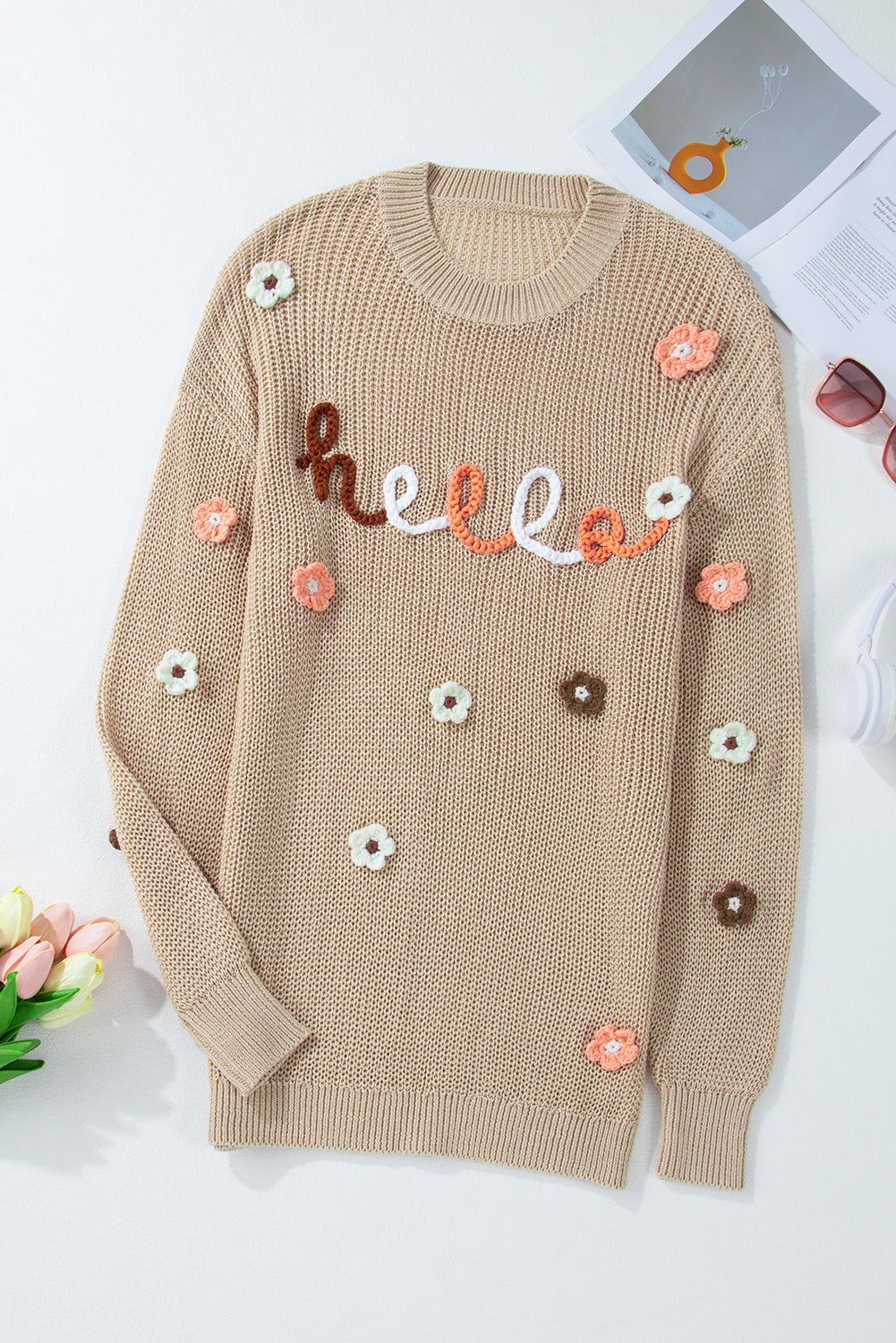 Parchment Hello - Pull ample en tricot brodé de fleurs