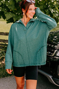 Evergreen Loose Sweatshirt with Pockets and Seamed Collar