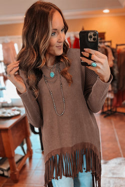 Coffee Waffle Knit Fringed Loose High Low Top