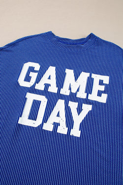 GAME DAY Print Long Sleeve Crew Neck Top in Blue Cord