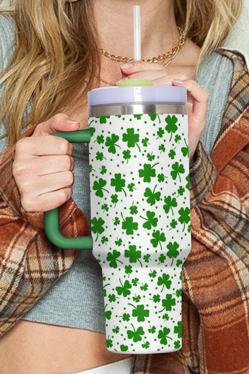 Tasse Thermos à Imprimé Trèfle Vert Foncé avec Poignée 40oz