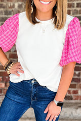 White top with puffy sleeve in contrasting tweed