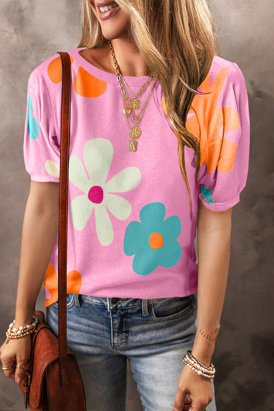 Pink t-shirt with bubbles and flower prints *