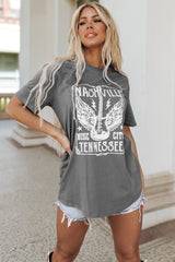 Camiseta gris de gran tamaño con estampado gráfico y letra con eslogan de guitarra