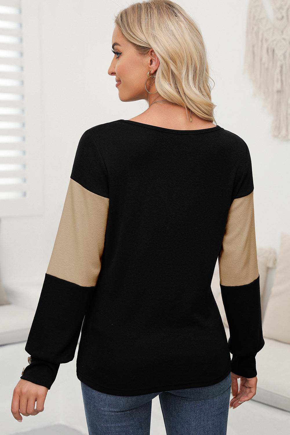 Parchment Colorblock Button Decor Long Sleeve V Neck Top