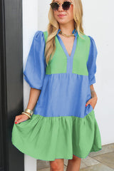 Robe droite bleu foncé couleur block à volants *