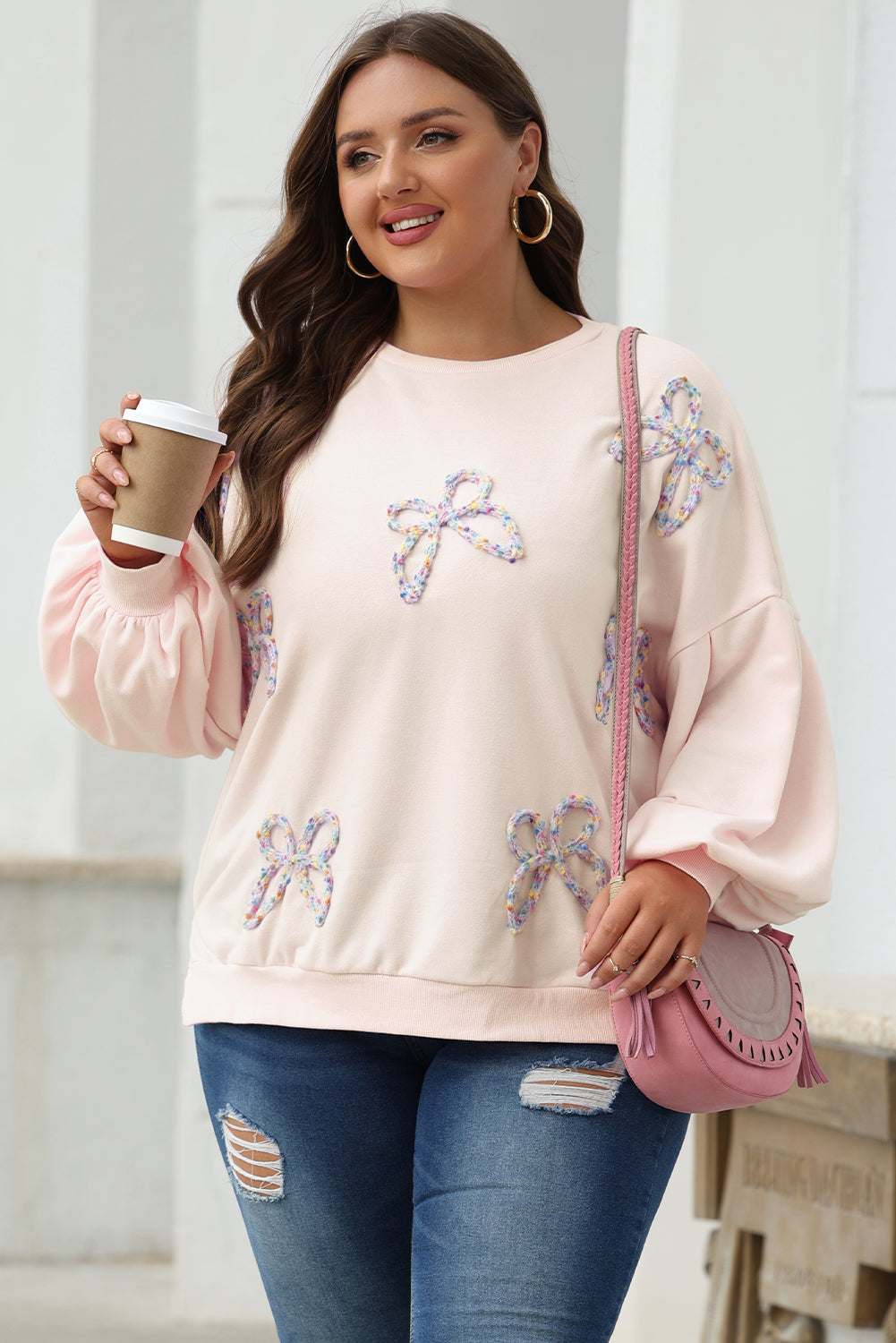 Sweat-shirt oversize à manches lanterne et nœud brodé parchemin