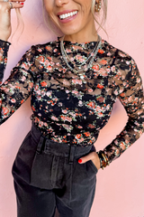 Black top with long sleeve transparent in floral mesh